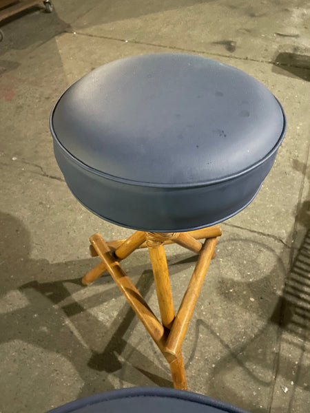 Pair of Powder Slate Blue Leather and Bamboo Bar Stools