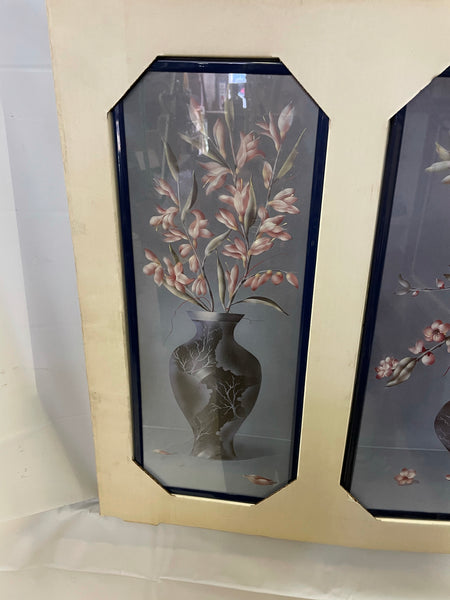1980s Triptych Floral Vases with Blue Metal Frames