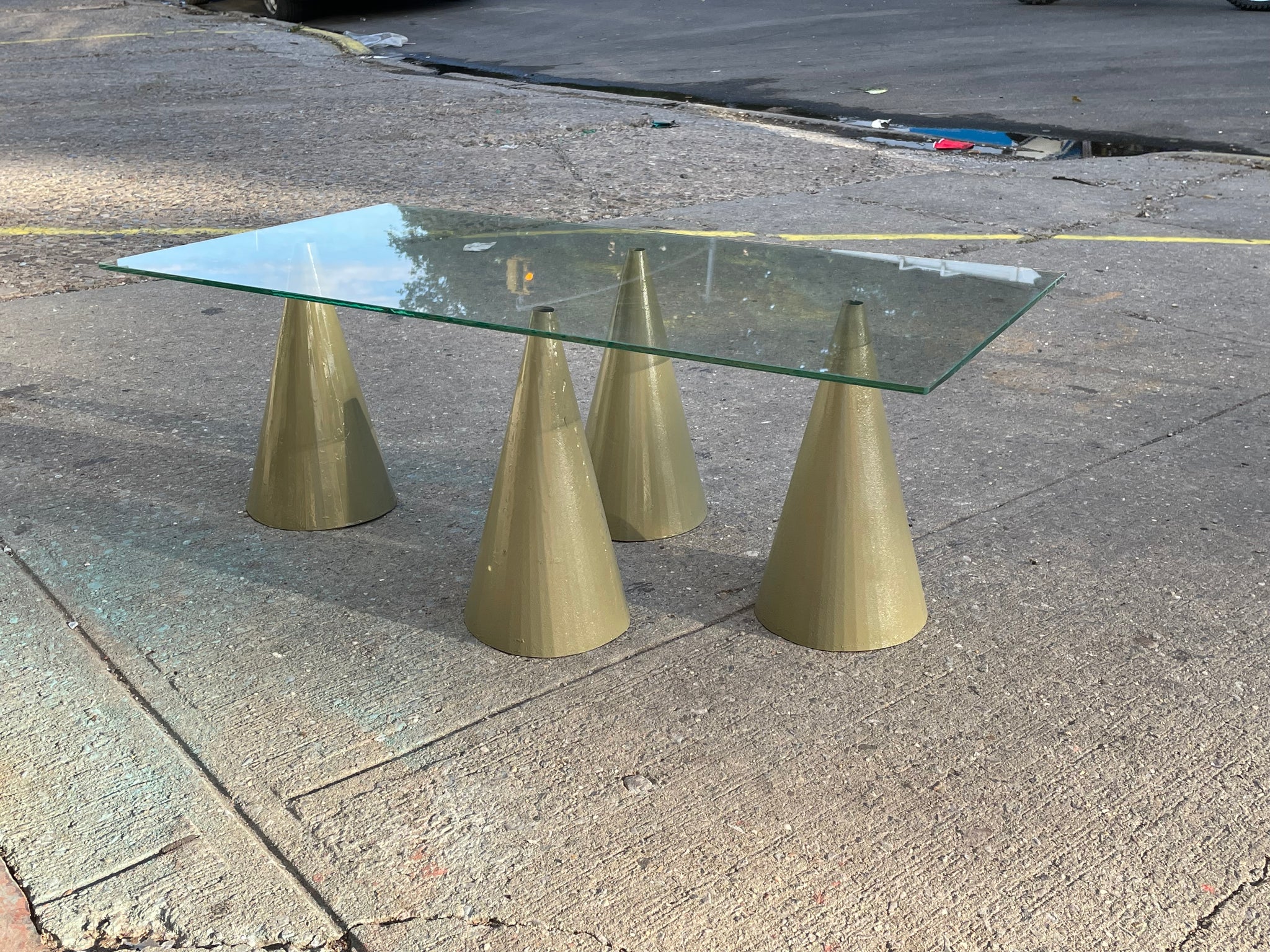Modern Memphis Group Inspired Muted Green and Glass Cone Coffee Table  l