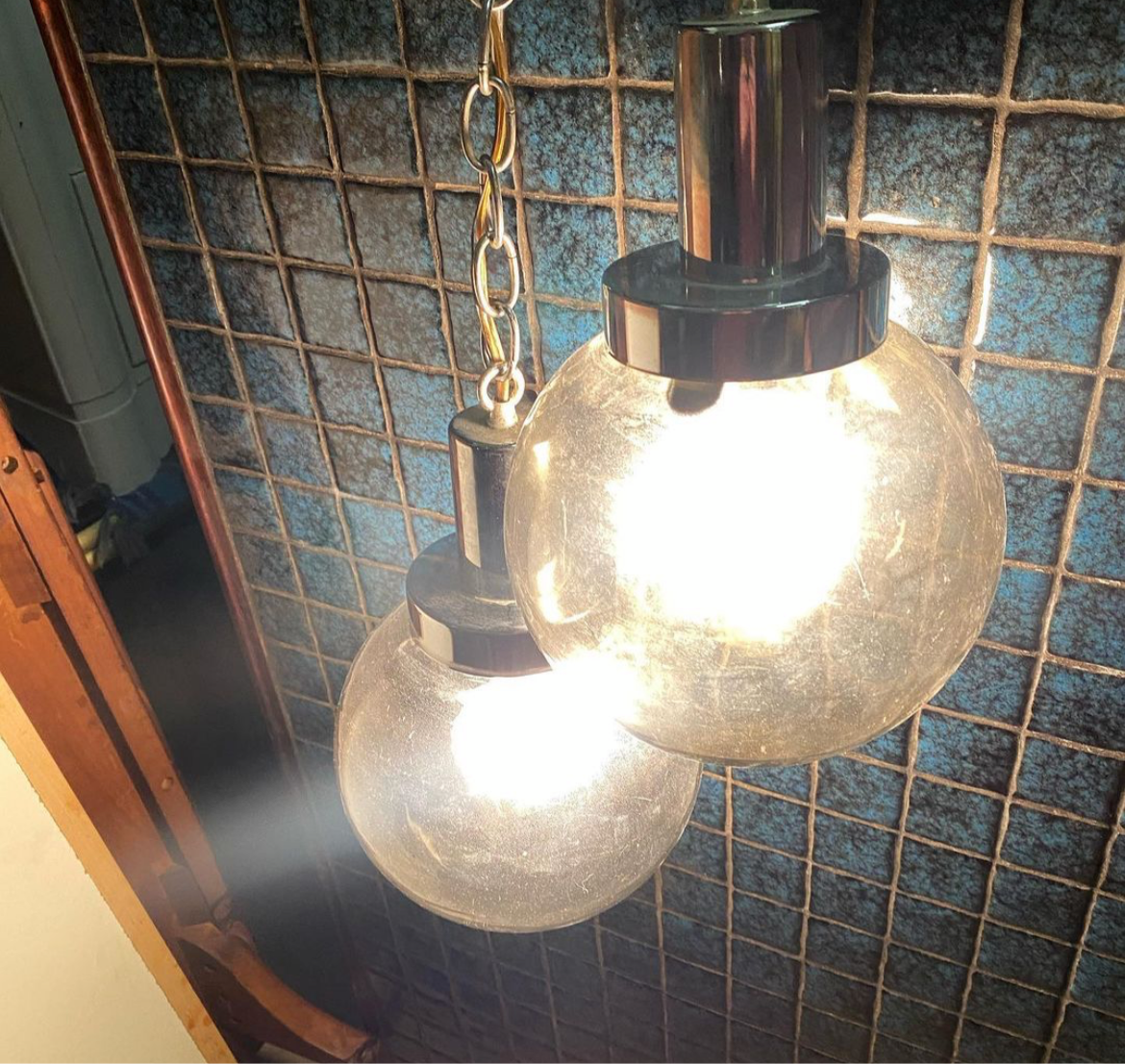 Mid Century Chrome Hanging Globes on Long Chain