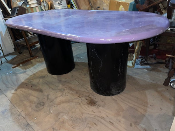 Postmodern Painted Raceway Shaped Dining Table with Double Black Drum Base