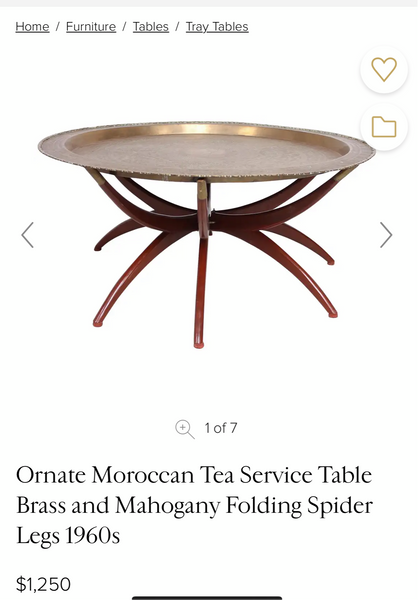 Ornate Moroccan Tea Service Table Solid Brass Moroccan and Mahogany Folding Spider Legs 1960s