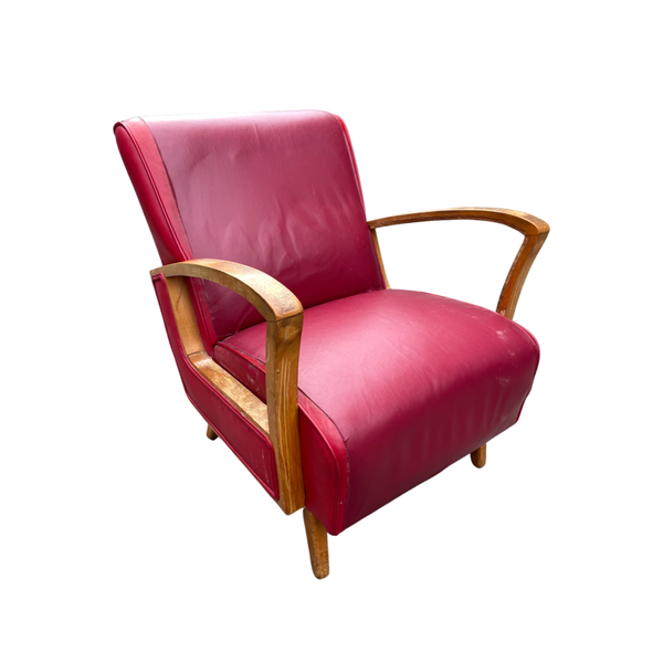 Pair of “As Is” Red Vinyl Armchairs Jindřich Halabala Style (Priced Individually)