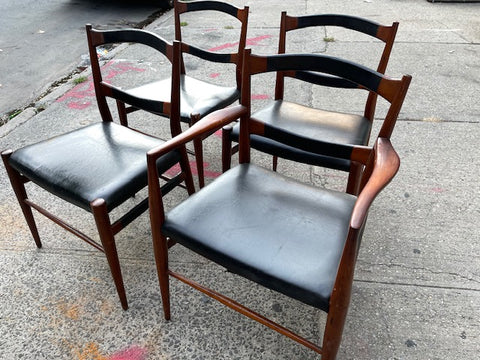 Set of 4 Jacob Kjaer Danish Wood and  Black Leather Chairs