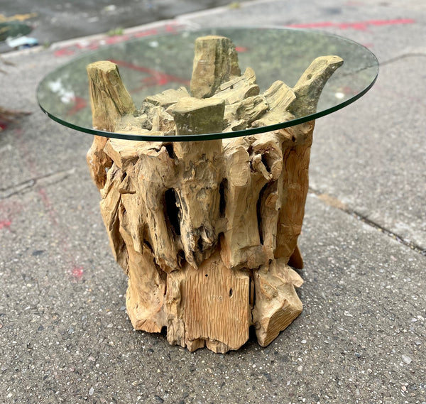 Driftwood Side Table With Round Glass Top