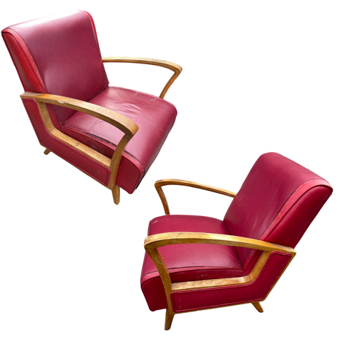 Pair of “As Is” Red Vinyl Armchairs Jindřich Halabala Style (Priced Individually)