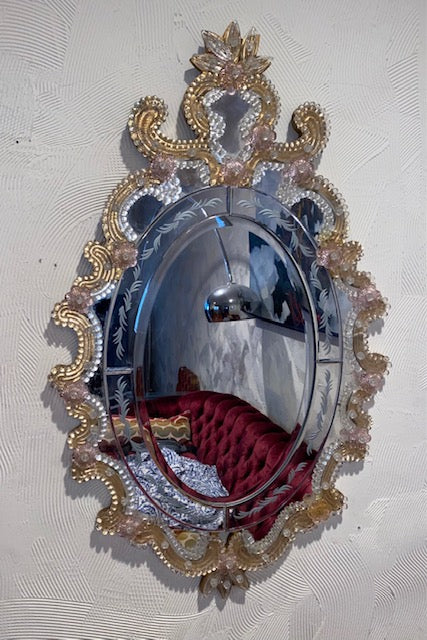 Ornate Glass Mirror with Pink Undertones  22x37” tall