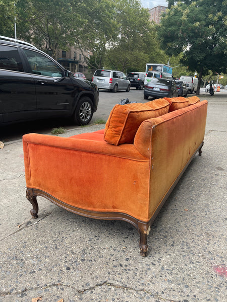 Orange Velvet Corduroy Antique Wood Framed Sofa