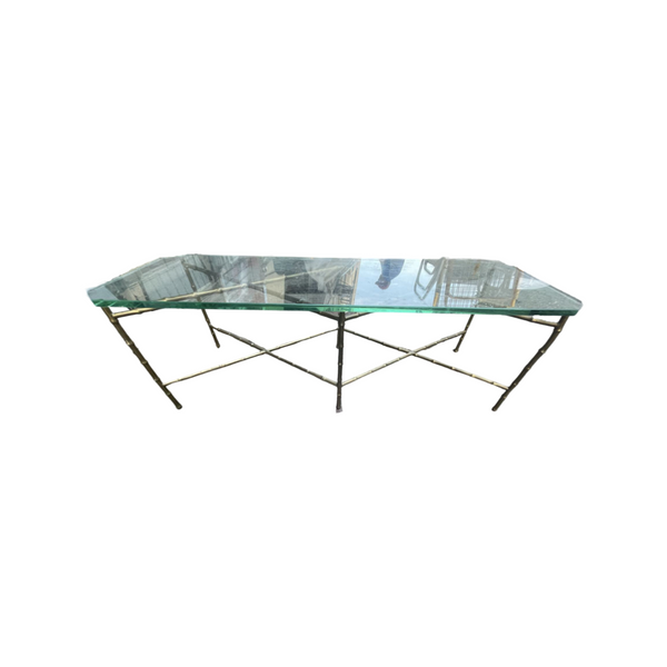 Mid Century Modern Solid Brass Rectangular Gilt Faux Bamboo Glass Top Coffee Table
