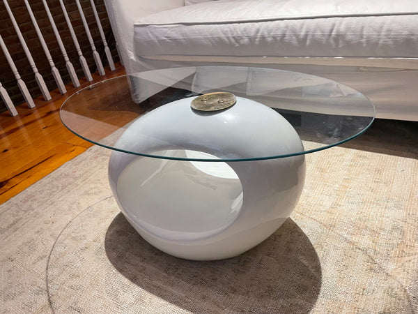 Oblong White Side or Coffee Table with Circular Mirror or Oval Glass Top