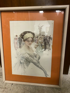 Off White Frame with Orange Mat Art Deco Print of Girl with Glove