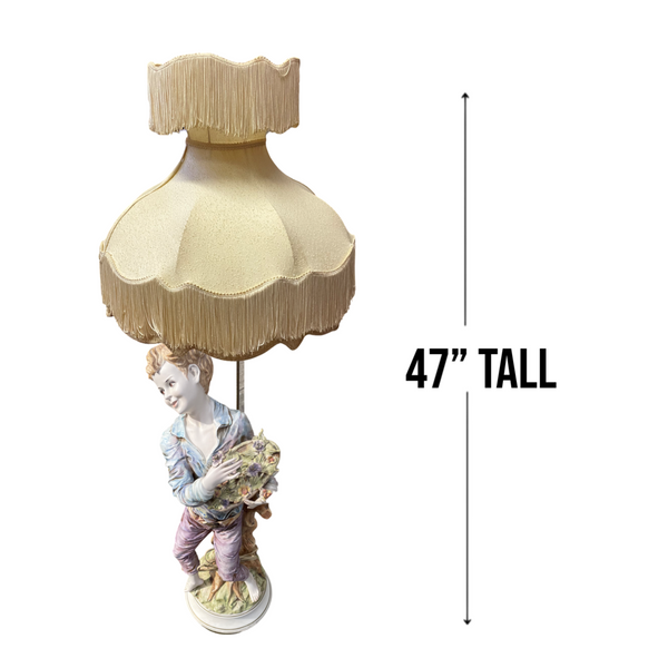 Italian Figural Boy and Girl Porcelain Floor Lamps with Shades 47” tall (Sold Individually)