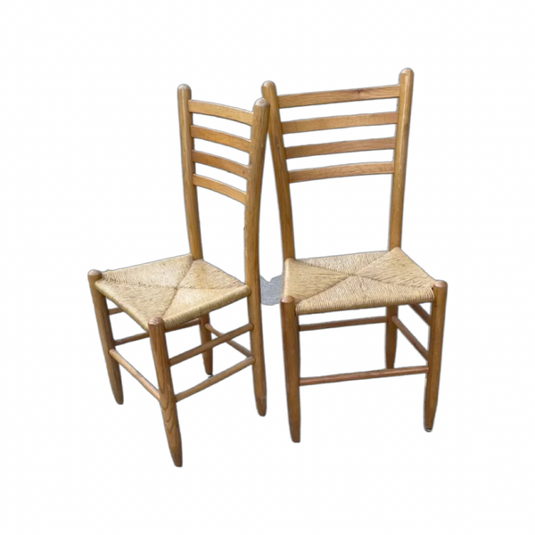Pair of Vintage Blonde Solid Wood Rush and Slatted Wood Base Chairs
