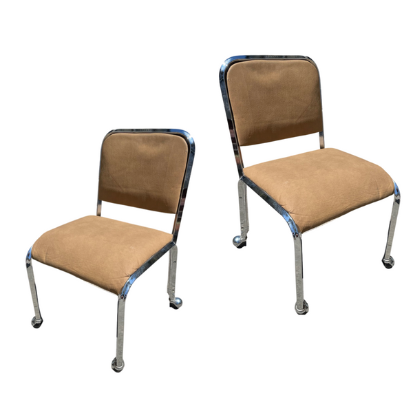 Pair of Tan Naugahyde and Chrome Dining Chairs on Wheels