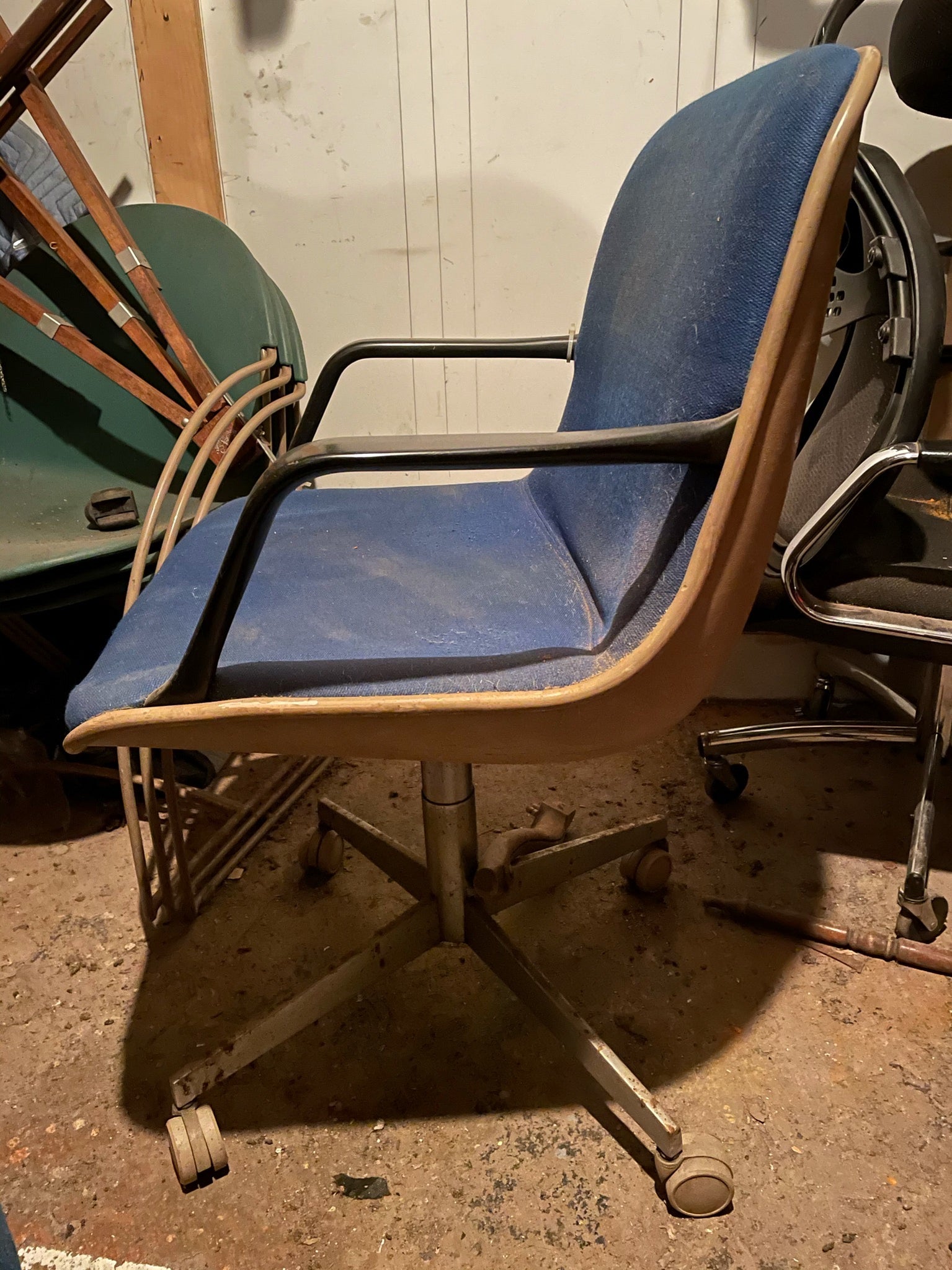 Mid Century Blue and Chrome Vintage Armed Swivel Desk Chair
