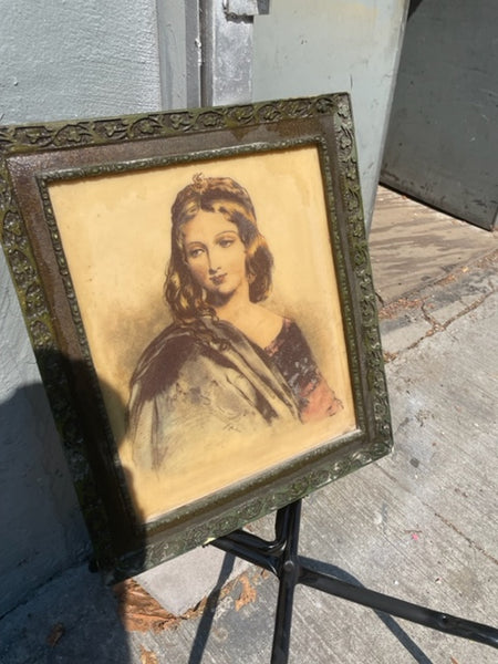 Heavy Etched Antique Female Portrait with Ornate Wood Frame 18x20" tall