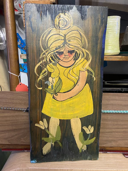 Little Girl in Yellow Dress Painting on Wood Board