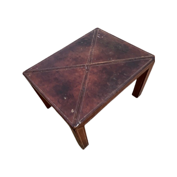Cognac Brown Leather Patina Coffee Table with White Stitching