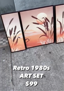 Triptych Retro Sunset Art  1980s