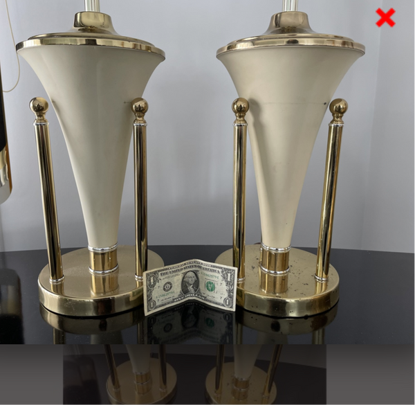 Post Modern Brass and Off White Enamel Pair of Table Lamps