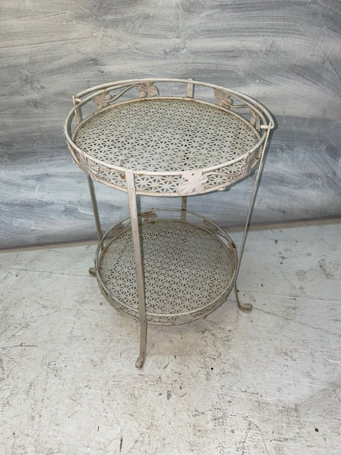 Outdoor Antique White Metal Floral Rounded Side Table